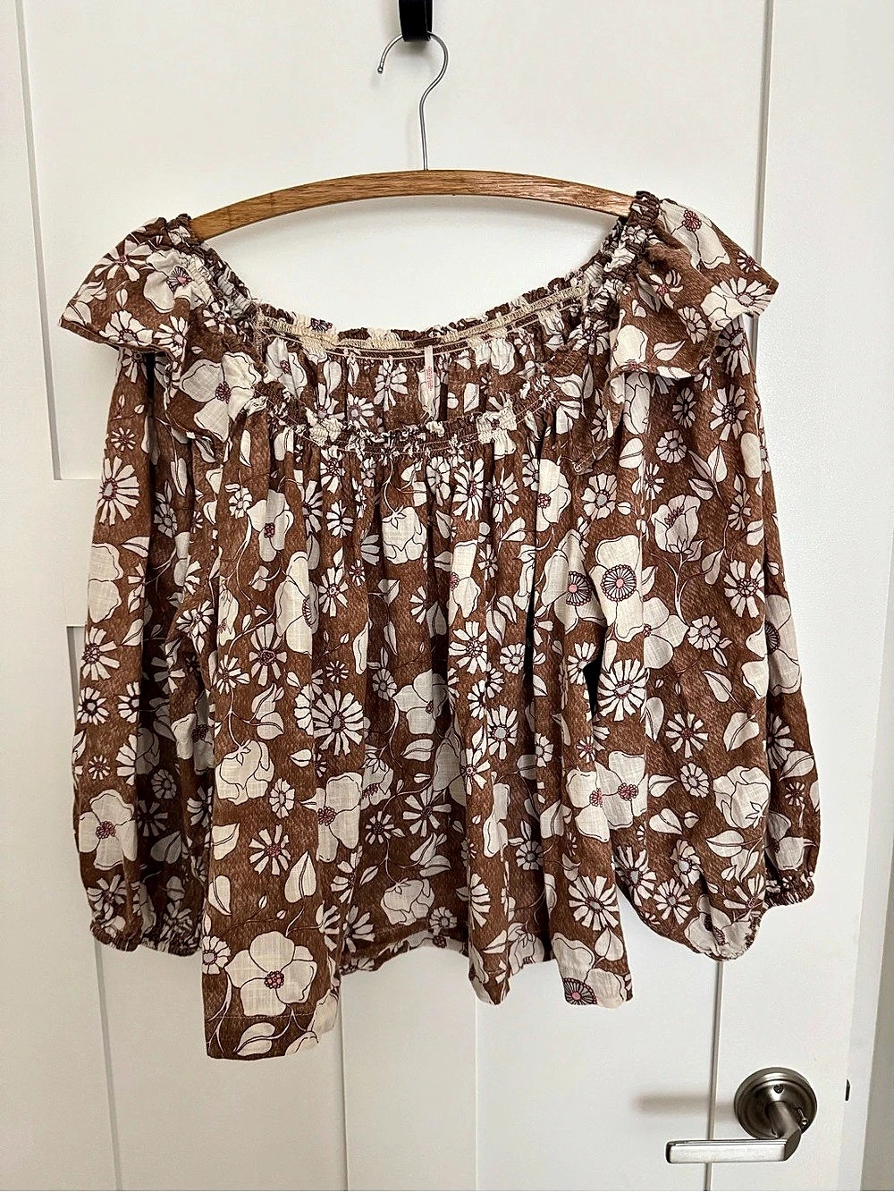 Free People Suki Floral Off The Shoulder Top Brown & White Large